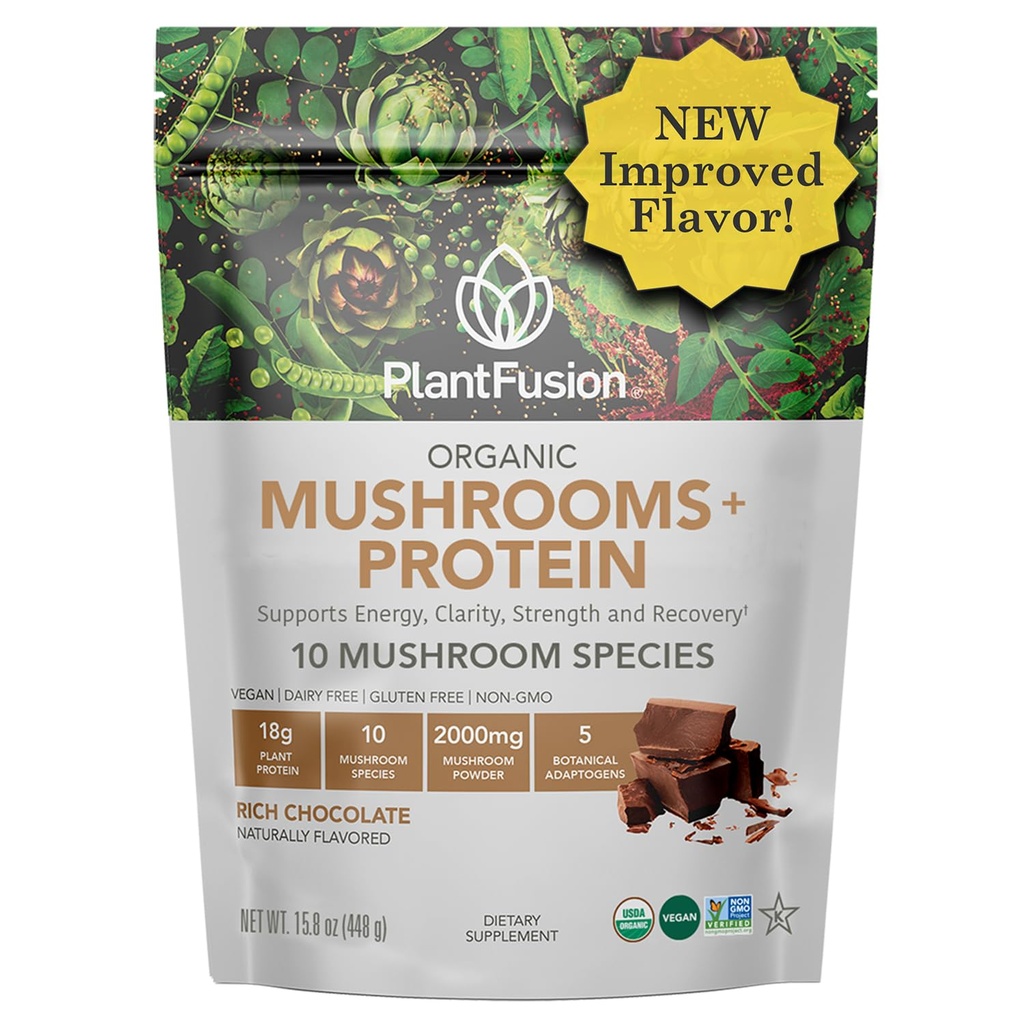 Plantfusion Mushroom Protein Powder - 3 in 1 Vegan Protein Powder, Mushroom Supplement, and Adaptogen Supplement - Support Mental Focus, Immunity, and Recovery - Chocolate 1lb