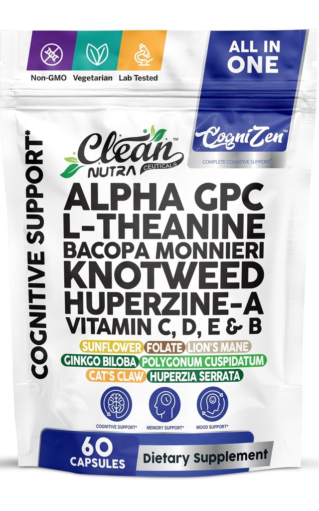 Alpha GPC 600mg Supplement | L Theanine Nootropic Brain Supplement with Bacopa Monnieri Lions Mane Resveratrol Ginkgo Biloba Huperzine A – Focus Memory Cognitive Support – 60 Vegetarian Capsules