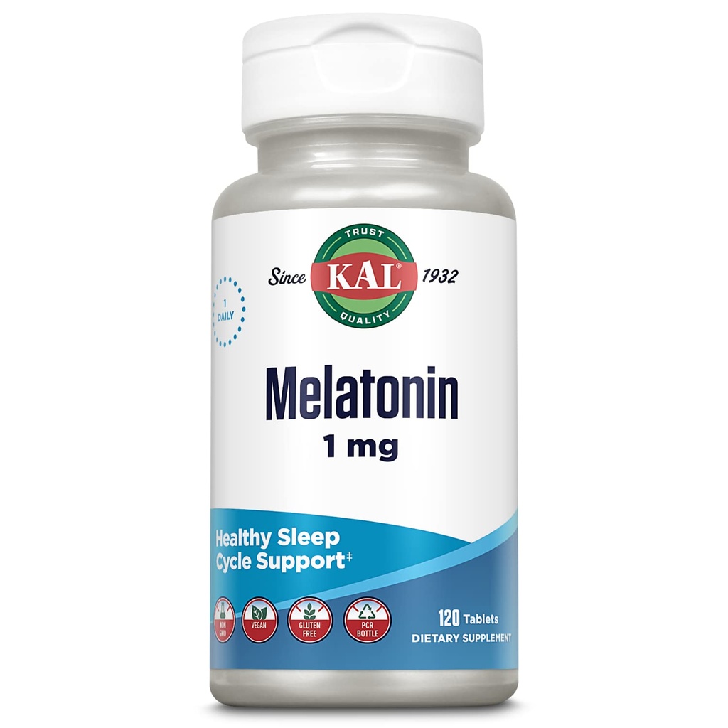 KAL Melatonin 1mg Sleep Aid, Fast Acting Melatonin Tablets, Calming Relaxation and Sleep Cycle Support, Vegan, Gluten Free, Non-GMO, 60-Day Guarantee, 120 Servings, 120 Tablets