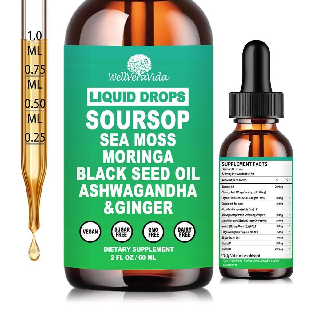 Soursop Bitters Liquid Drops- Organic Soursop Leaves Extract for Energy, Skin, Immune & Gut Health丨Natural Superfood Antioxidants Supplement w/Sea Moss, Moringa, Black Seed Oil, Ashwagandha & Ginger