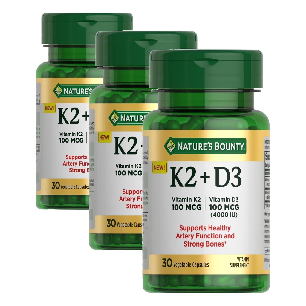 Nature's Bounty Vitamin D3 K2 Supplement, 4000 IU Vita D3 Plus 100 mcg of Vitamin K Supplements for Adults for Heart & Bone Health Support, 30 Day Supply, 30 Vegetarian Capsules (Pack of 3)