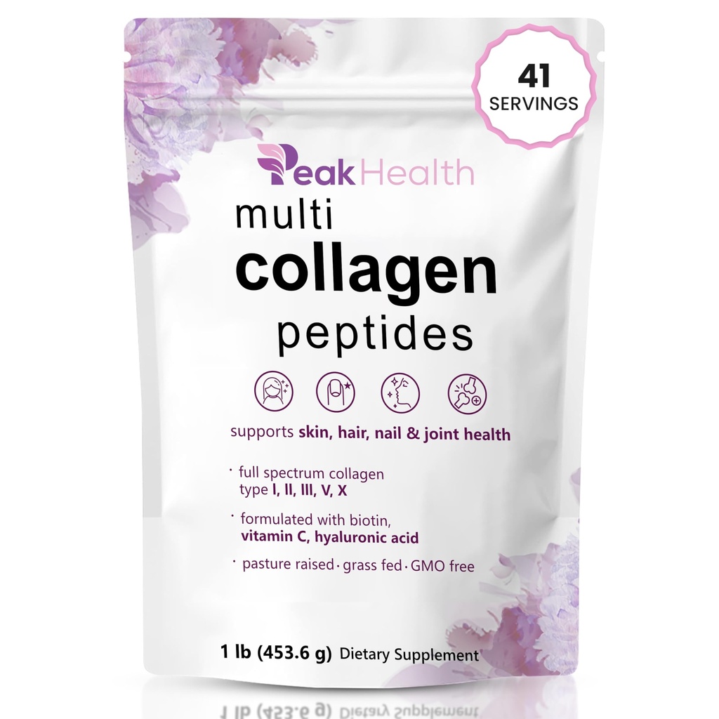 Multi Collagen Peptides Powder, 1 Pounds collagen powder- Type I,II,III,V,X with Biotin 10000mcg, Hyaluronic acid powder, Vitamin C - Unflavored Collagen Protein Powder - Keto & Paleo, Easy Dissolve