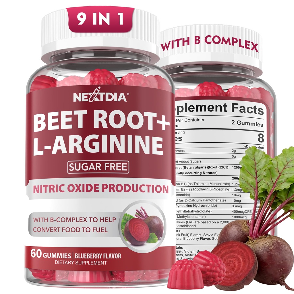 Beetwortelgummy's & L-Arginine, stikstofoxidesupplementen voor mannen en vrouwen met biologische bieten, B1, B2, B3, B5, B6, Folaat, B12 voor energieboost & Circulatiesteun, suikervrij, 120 Ct