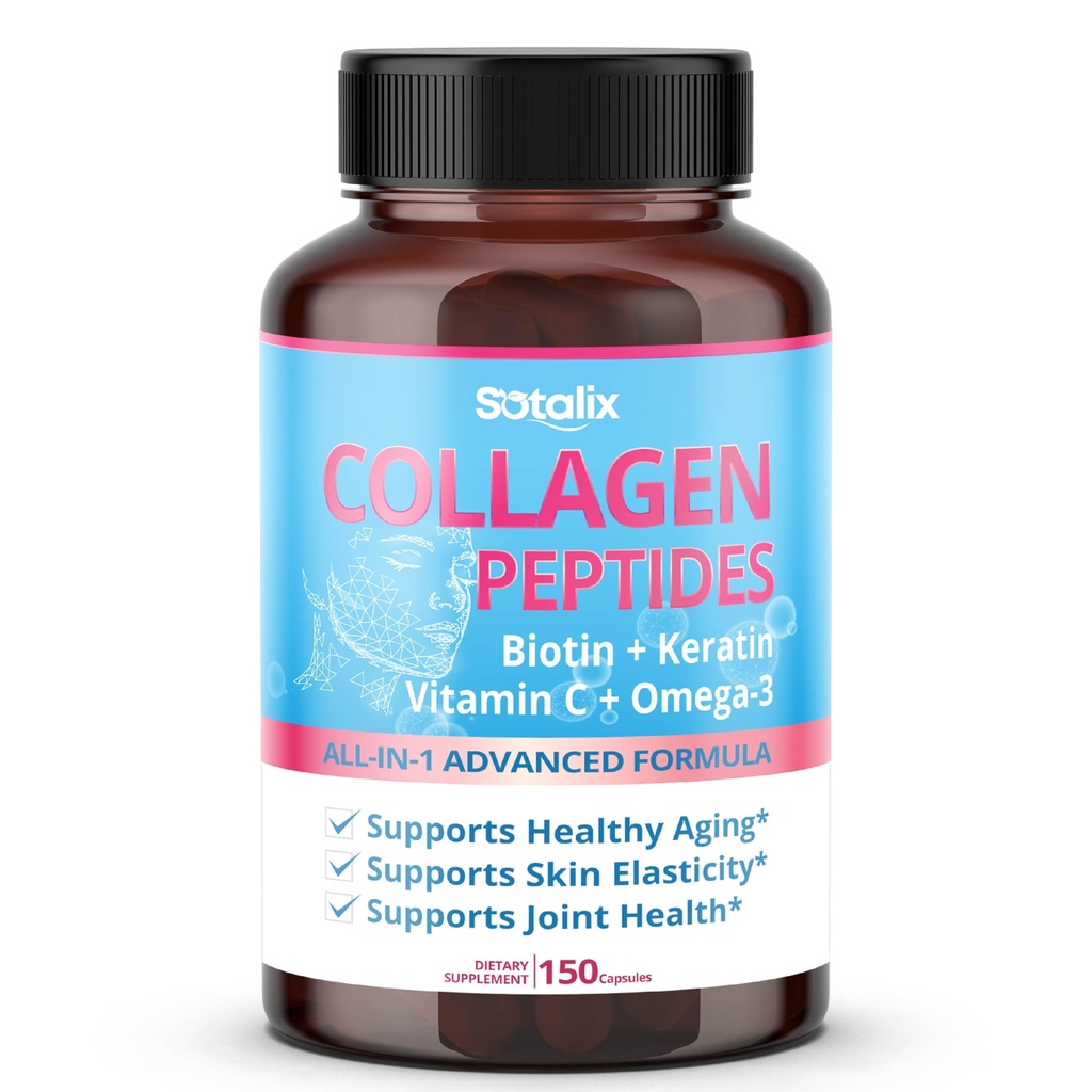Collagen Peptides with Biotin + Keratin, Vitamin C + Omega 3 - Radiant Skin, Healthy Joint, Nails (150-day Supply)