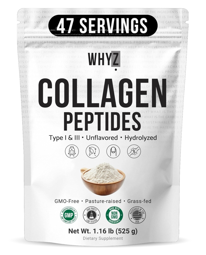 Bovine Collagen Peptides Powder Hydrolyzed Type I & III Protein, Grass-Fed Pasture-Raised Source, Unflavored Collagen Supplement Paleo-Friendly For Active Lifestyles & Wellness Non-GMO,1.16 lb (525g)