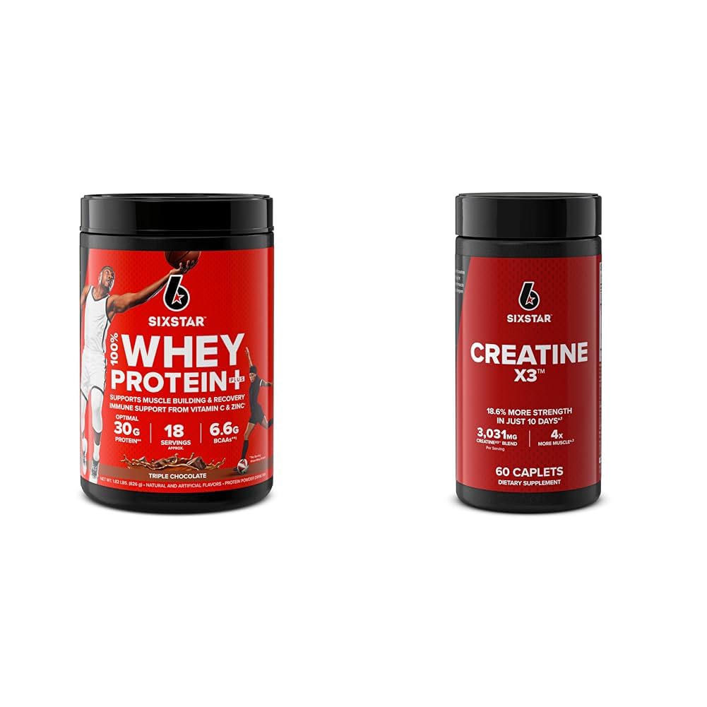 Six Star Elite 100% Whey Protein Plus Triple Chocolate 1.8lbs & Creatine Pills X3 Creatine Capsules Muscle Builder