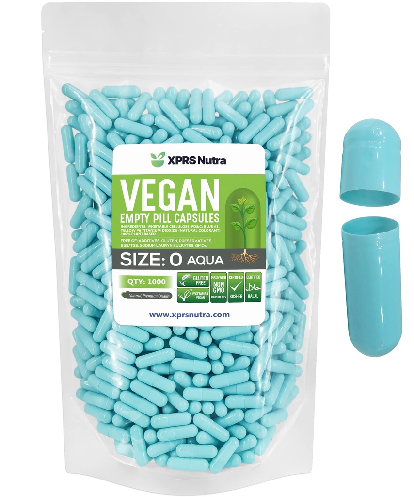 XPRS Nutra Maat 0 Lege capsules - 1000 Graaf Lege Vegan Capsules - Vegetarische pillen - DIY plantaardige capsule vullen- Veggie pil Gel Caps voor Do-It-Yourself Supplements (Aqua)