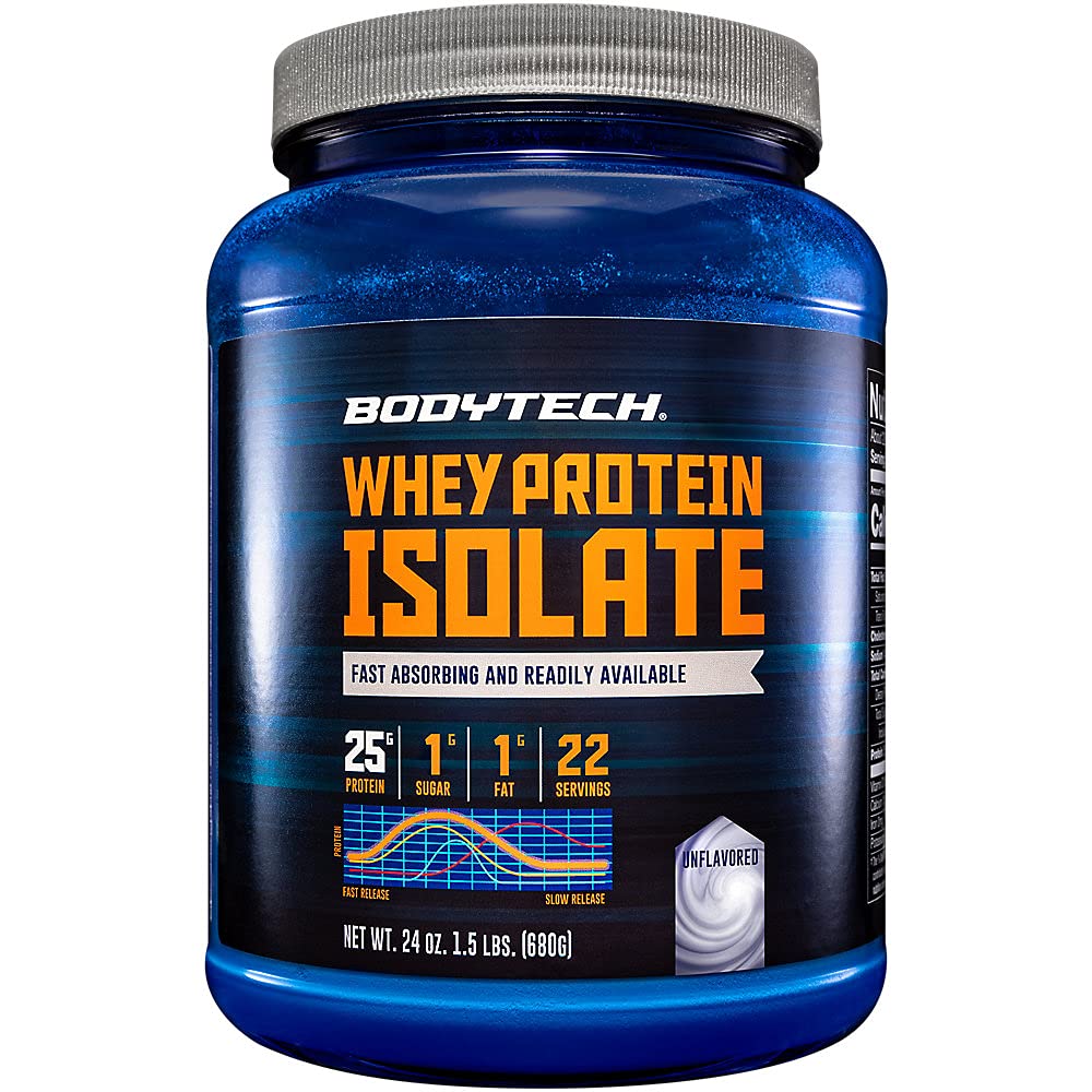 BodyTech Whey Protein Isolate Powder - 25g Protein per Serving with BCAAs - Fast-Absorbing for Muscle Growth & Recovery - Unflavored (1.5 lb, 22 Servings)