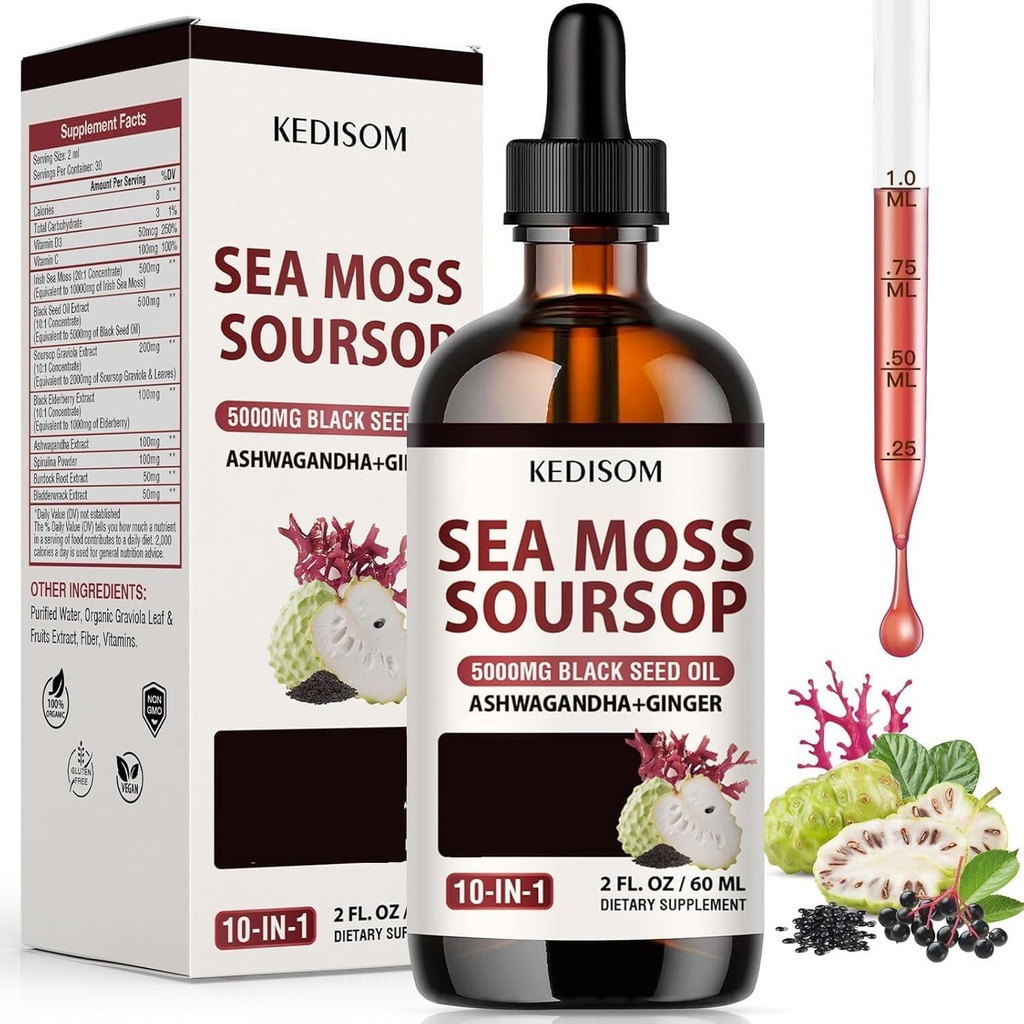 Sea Moss Liquid Drops 2 Fl Oz - Organic Black Seed Oil Irish Sea Moss Gel with Burdock Root, Bladderwrack, Elderberry, Vitamin C, D3, Seamoss Gel- Vegan