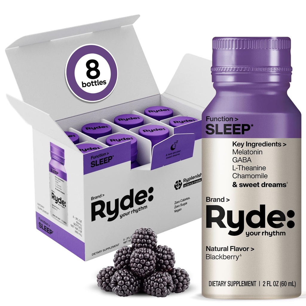 Ryde: SLEEP, 2oz Sleep Shot for Occasional Use, Melatonin, GABA, L-Theanine & Chamomile, Blackberry Natural Flavor, Sugar-Free, Zero Calories, Vegan, Manufactured in USA (8 Pack)