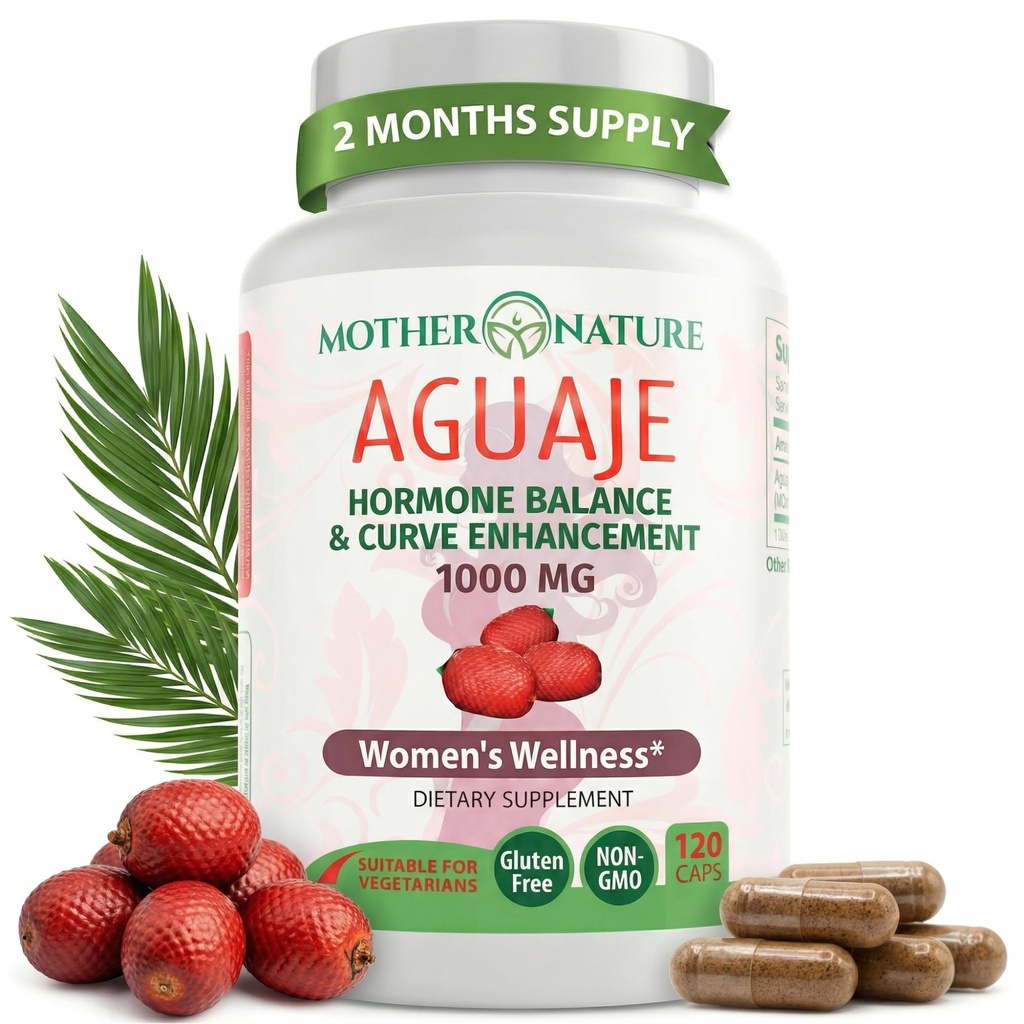 Moeder Natuur Aguaje Curves Capsules for Women, 1000mg (120ct), Natuurlijk en duurzaam geproduceerd Aguaje Fruit uit Peru voor de gezondheid van vrouwen, Hormonenbalans, Curve Enhancer, Veganistisch, Niet-GMO & Glutenvrij