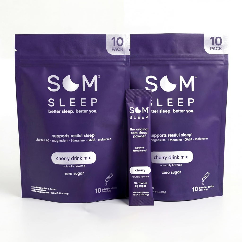 Som Sleep, Restful Sleep Powder Drink Mix w/Melatonin, Magnesium, Vitamin B6, L-Theanine & GABA – Vegan, Zero Sugar, Keto Friendly – Cherry, 20-Pack
