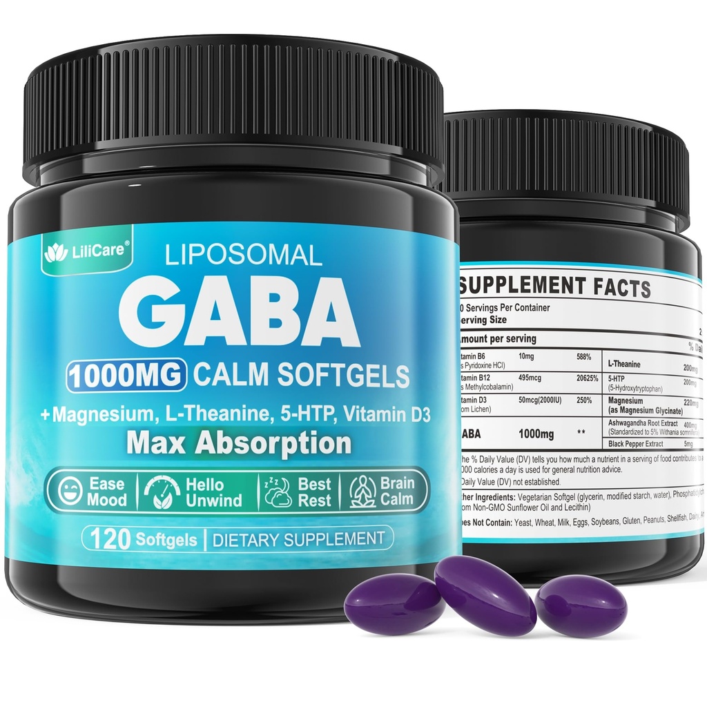 LILICARE GABA Supplement - 1000 mg Liposomal Form for Optimal Absorption,GABA with L-Theanine, Magnesium Glycinate, 5HTP, Vitamin D3 for Brain Calm, Mood, Zzz Better - Melatonin-Free 240 Softgels.