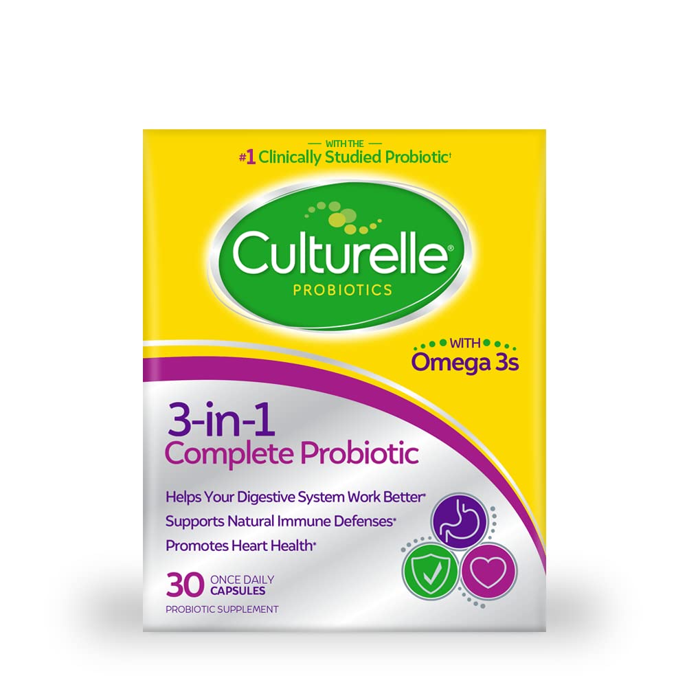 Culturelle 3-in-1 Complete Probiotische Dagelijkse Formule, Eens per dag Probiotische Supplement, Helpt uw spijsverteringssysteem beter werken, Ondersteunt Natuurlijke Immune Defenses, Plus Omega 3's, Non-GMO, 30 Tellen