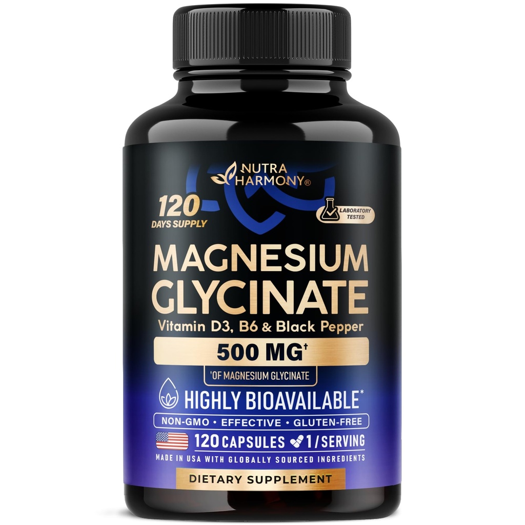 Magnesium Glycinate 500 mg - Chelated Supplement - High Absorption Form of Magnesium - Support for Sleep, Muscle & Heart Health - Made in USA, Lab Tested & Non-GMO - 120 Capsules