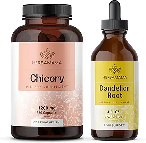 HERBAMAMA Chicory and Dandelion Kit - Bundle of 1200 mg Chicory Root Capsules & Dandelion Root Tincture 4 fl oz - Vegan, Non-GMO, Sugar & Alcohol-Free - 2 Pack