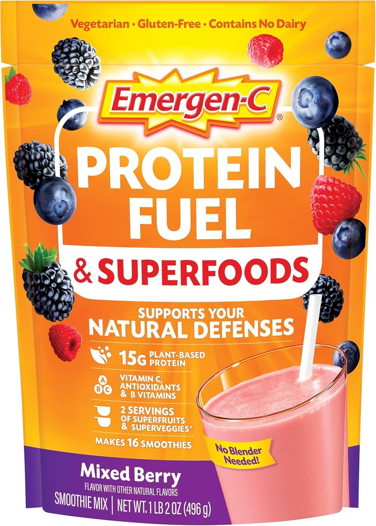 Emergen-C Proteïnepoeder Fuel & Superfoods (16 porties, gemengde Berry smaak) Plant-gebaseerde en Vegetarische Shake Mix met biologische Superfoods, Vitamine C & andere Antioxidanten