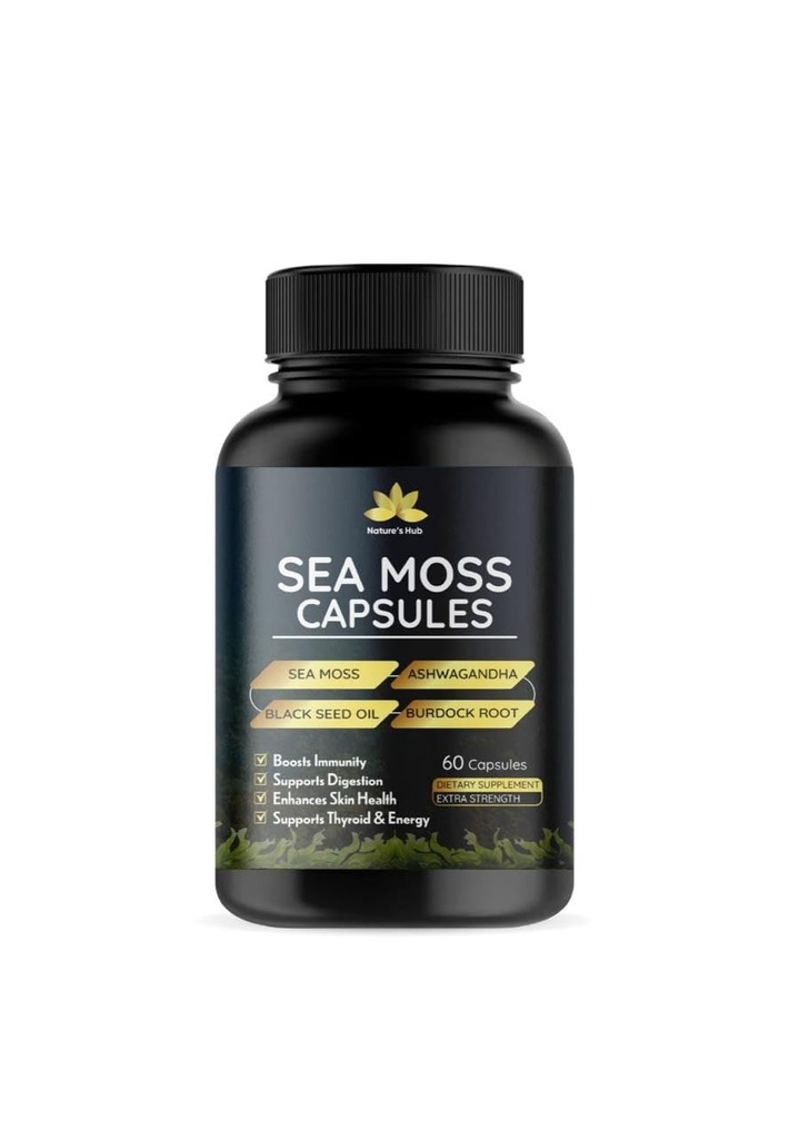 Sea Moss Capsules with Turmeric 450mg, Black Seed 200mg & Ashwagandha 100mg – Irish Sea Moss Supplement with Bladderwrack, Burdock Root & Black Pepper – 60 Capsules, 30 Servings
