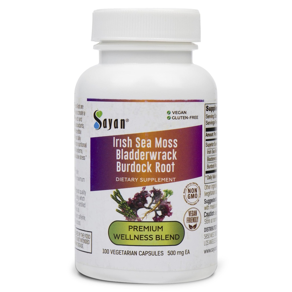 Sayan Irish Sea Moss, Bladderwrack, & Burdock Root 100 Capsules/500mg ea.– Natural Nutrient-Rich Blend with Vitamins & Minerals – Vegan, Non-GMO