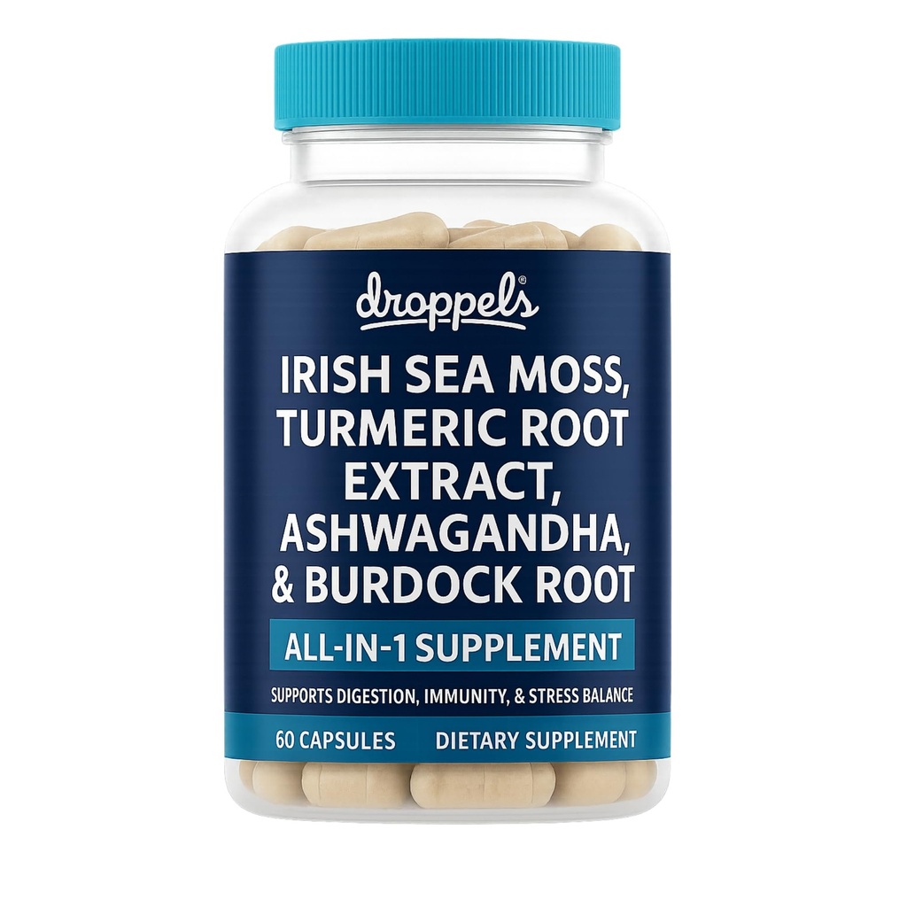 Droppels Irish Sea Moss Capsules with Turmeric Root, Ashwagandha, Black Pepper & Burdock Root – Natural Mineral Blend for Immune, Digestion, Joint & Energy Support – Vegan, Non-GMO – 60 Capsules