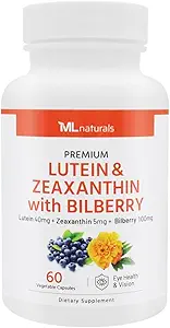 ML Naturals Premium Luteïne & Zeaxanthine met bosbes 60 plantaardige capsules. Lutein 40 mg, Zeaxanthine 5 mg en Bilberry 100 mg. Premium kwaliteit. Gezonde ogen en visie, NSF-gecertificeerd en cGMP-compliant