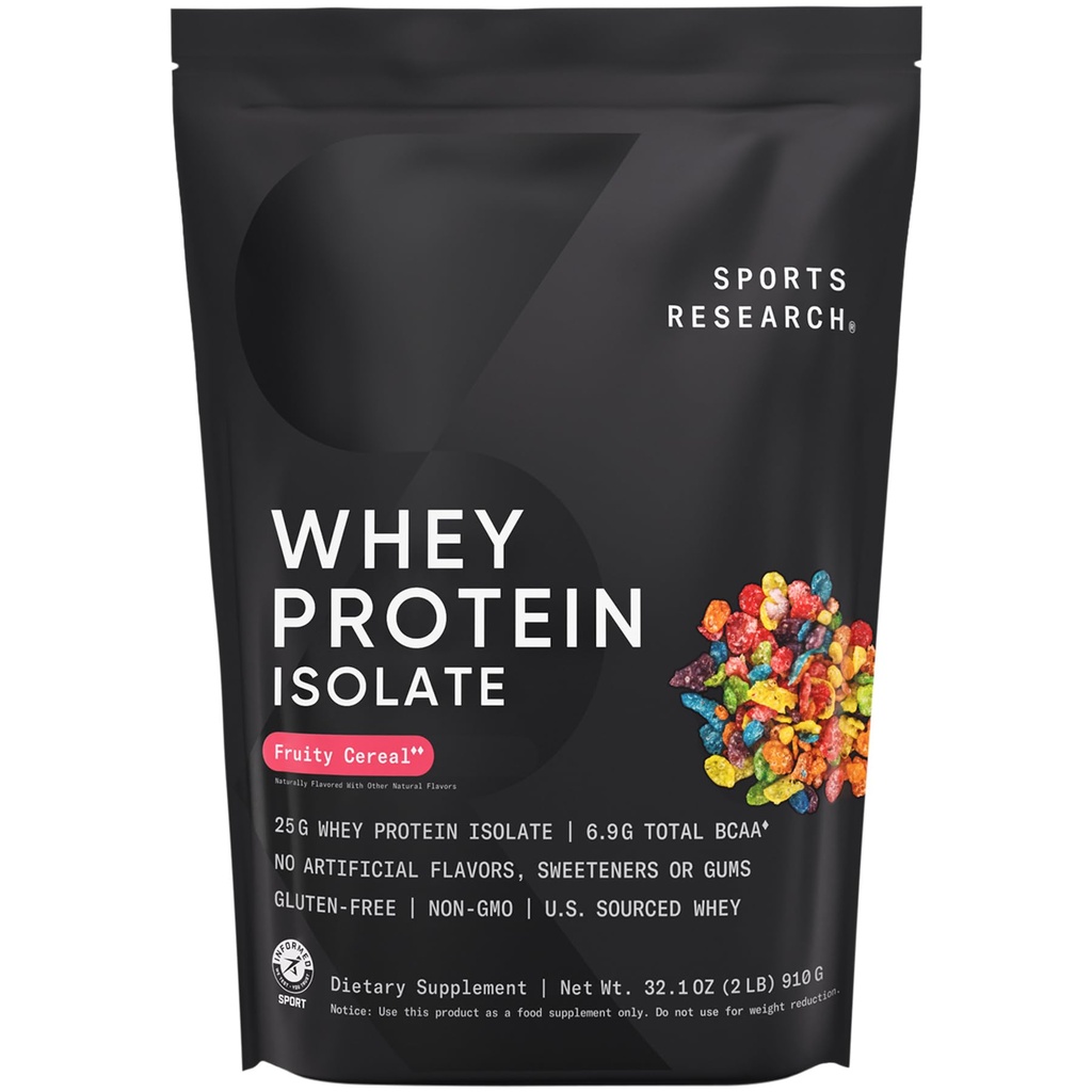 Sports Research® 100% Whey Protein Isolate Fruity Cereal - U.S. Sourced Protein Powder w/BCAAs - No Artificial Flavors or Gums- Informed Sport Tested · Gluten Free - 2lb Bulk Bag, 25 Servings
