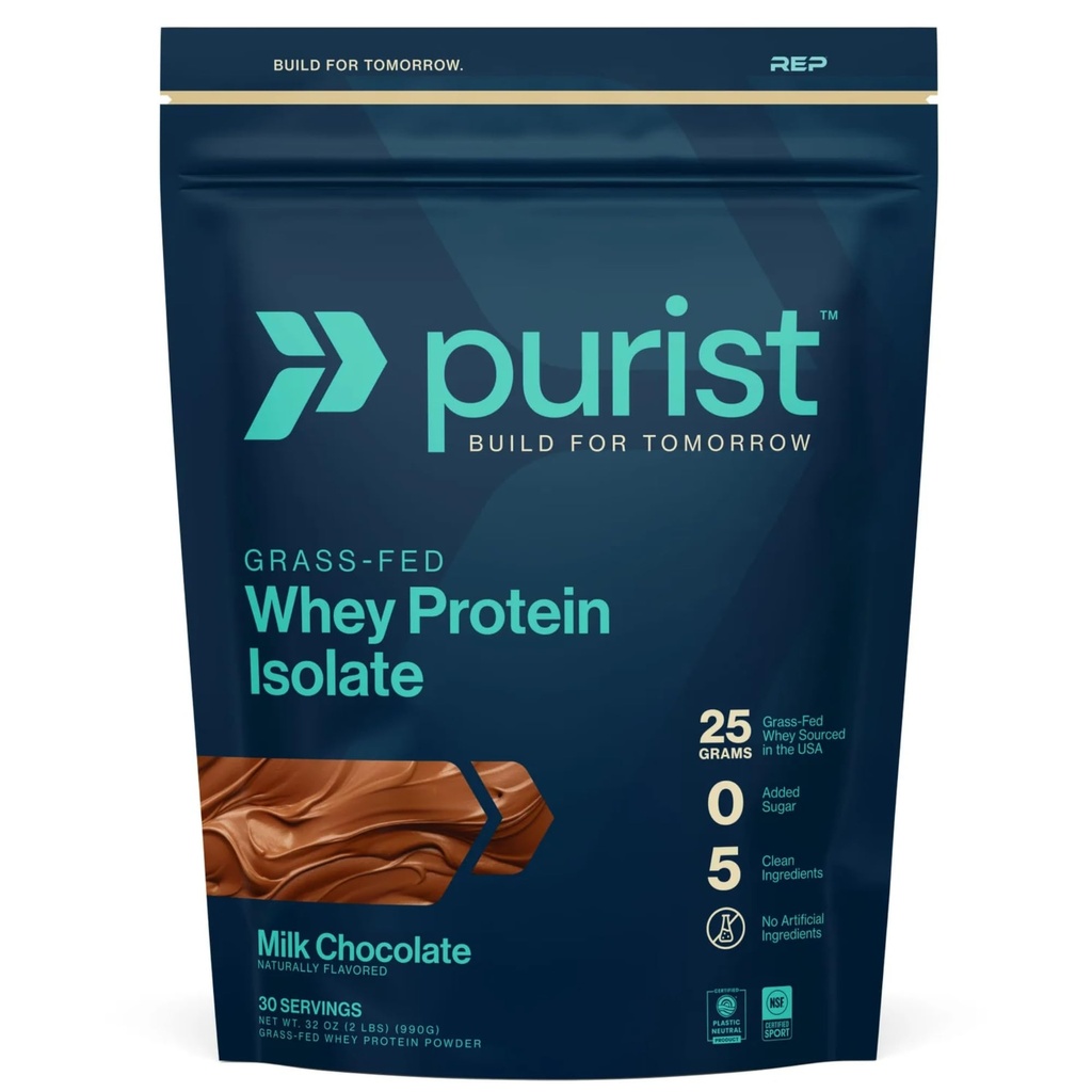 PURIST REP Whey Protein Powder, Premium Milk Chocolate Grassfed Isolate,Workout Recovery, Keto Friendly, Clean Nutrition Meal Replacement, Promotes Lean Muscle, Sugar and Gluten-Free Women Men, 2 Lb