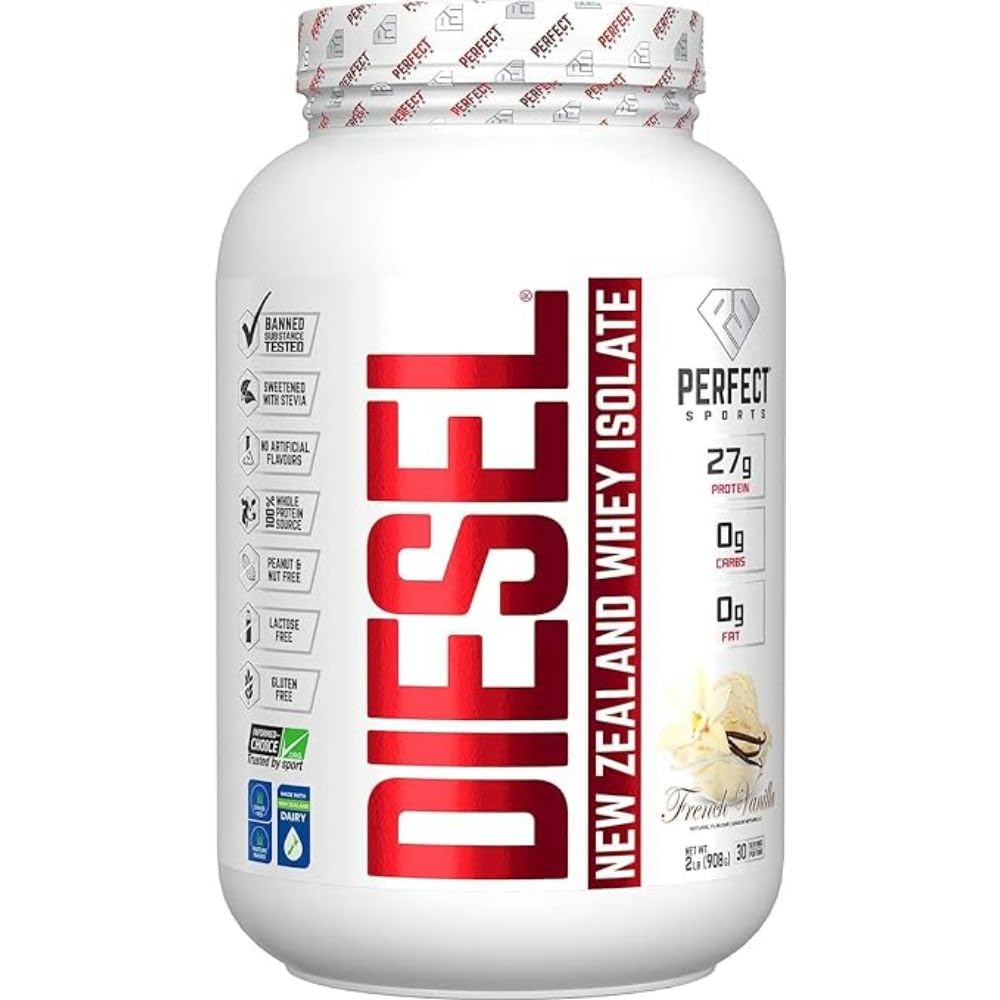 PERFECT SPORTS Diesel 100% New Zealand Whey Protein Isolate | Stevia Sweetened, No Artificial Ingredients, Keto | 0g Carb, 0g Fat, 26g Protein | 2 Pounds (French Vanilla)