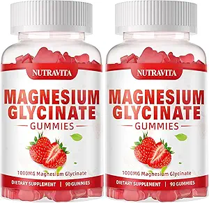 Magnesium Glycinate Gummies 1000mg met L-Threonaat, Gecheld Magnesium Kalium Complex Supplement met VitD, B6, CoQ10, Calcium, Ondersteuning voor Geheugen, Kalm, Mood - 180 Gummies Aardbei