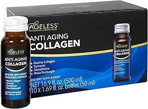 Ageless Ultra Anti Aging Liquid Collages for Men & Women, Marine Collages, Turmeric, Glutathion, and Rosa Roxburghii, Multi Vitamines, Skincare, Hydrating & Revitalising Formula - 50 ml (10 telling)