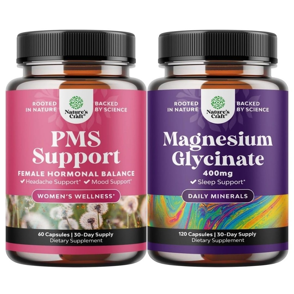 Bundle of PMS Support Supplement for Women – Hormone Balance & Menstrual Discomfort with DIM Chasteberry and Pure Magnesium Glycinate Supplement 400mg Per Serving for Mood Sleep and Relaxation Support