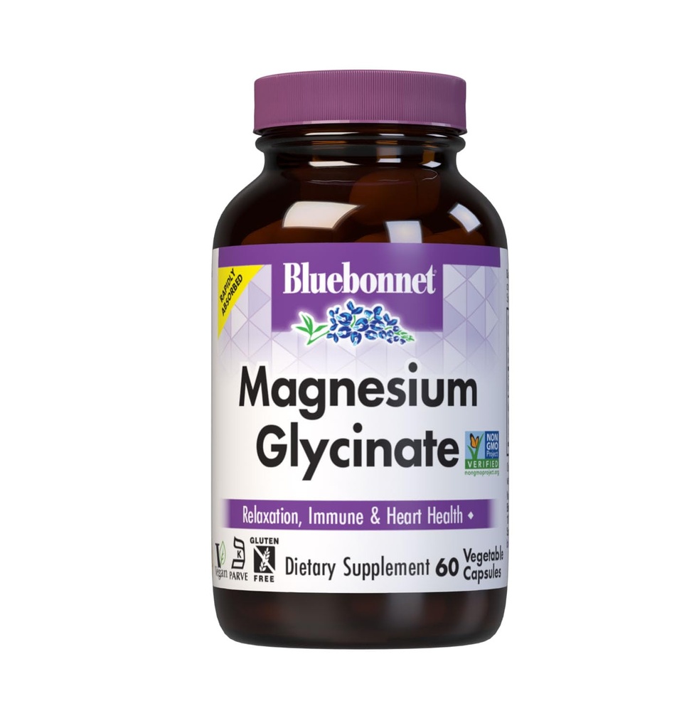Bluebonnet Magnesium Glycinate, Energy Production*, Enzyme Function*, Non-GMO Certified by NSF, Vegan, Kosher Certified, Gluten-Free, Soy-Free, Dairy-Free, 60 Plantaardige Capsules, 15 Servers