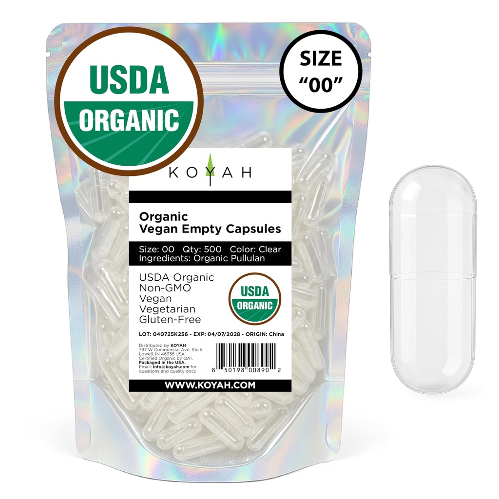 KOYAH - Certified Organic Empty Pullulan Capsules: Size 00, Vegan, Gluten-Free, Non-GMO, Allergen Free – Ideal for DIY Supplements (500 Count)