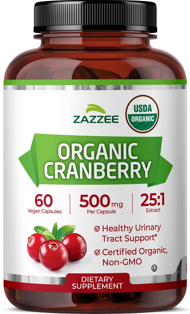 Zazzee USDA Organic Cranberry 25:1 Extract, 500 mg per Capsule, 60 Vegan Capsules, 2 Month Supply, Certified Kosher, Vaccinium Macrocarpon, Urinary Tract & Bladder Support, Non-GMO, Made in the USA