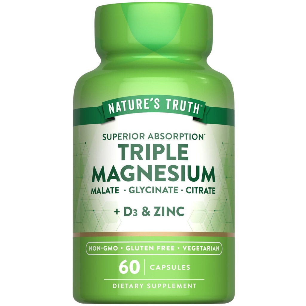 Nature's Truth Triple Magnesium Complex Supplement | 60 Capsules | Glycinate, Citrate & Malate | with D3 & Zinc | Vegetarian, Non-GMO, & Gluten Free