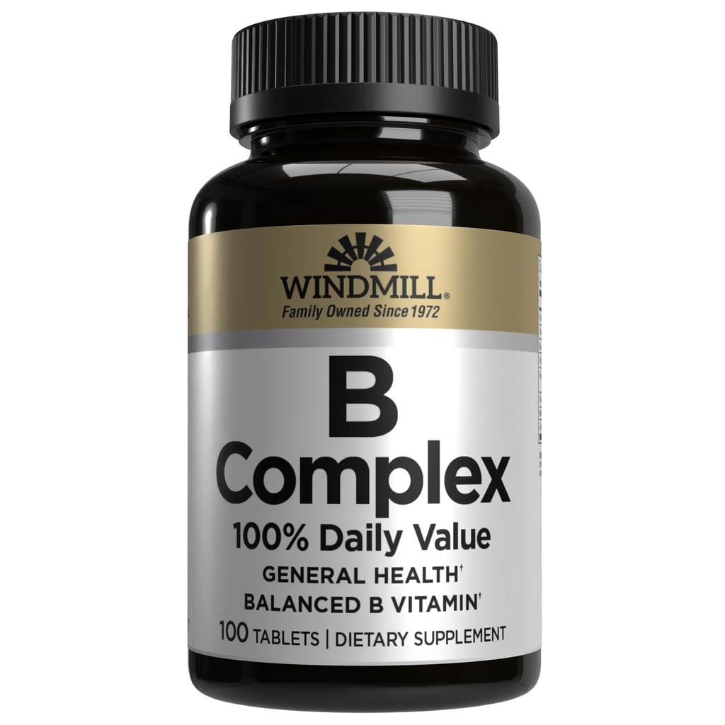 Windmolen Natural Vitaminen B Complex (100% dagelijkse waarde), Boost Energy Production and Promote Metabolisme, 100 tabletten, 100 porties