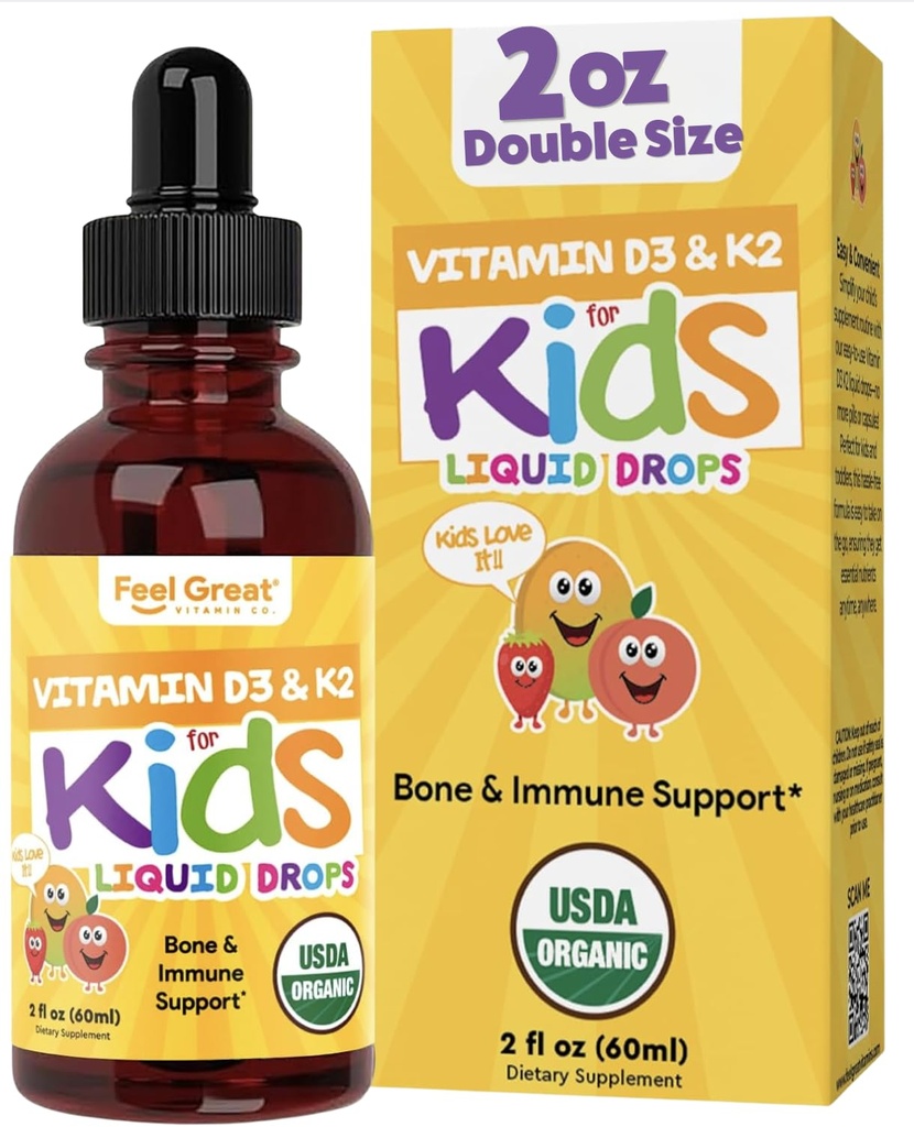 Feel Great USDA Organic Liquid Vitamin D Drops for Infants & Toddlers (2 oz) w/ K2 for Absorption | Vitamin D for Kids Supports Immune Support & Bone Health | Sugar Free, Vegan, Non-GMO & Gluten Free