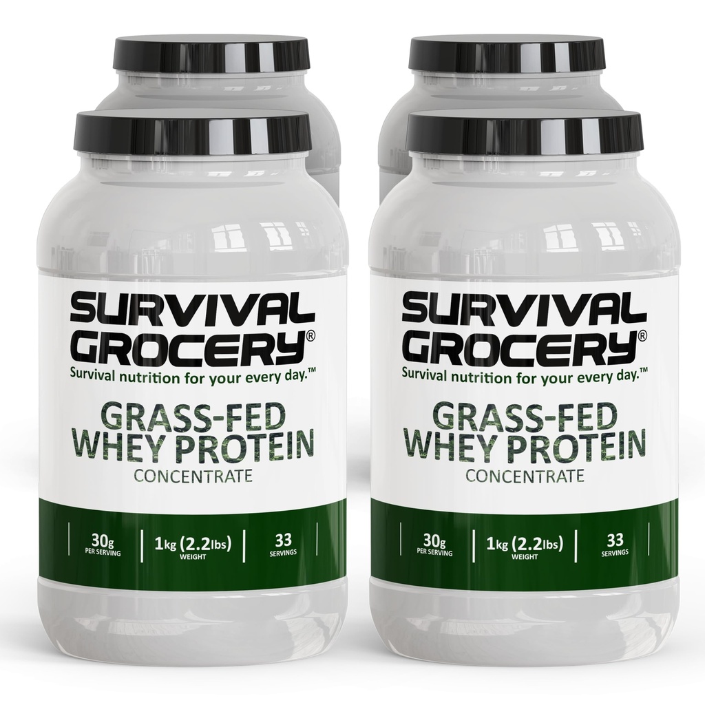 Survival Grocery® Grass-Fed Whey Protein Concentrate | Unflavored, Clean & Pure Protein Powder with Minimal Lactose & Fat | Gluten-Free | Includes Scoop for Easy Serving (4 kg./ 4 Jugs, Unflavored)