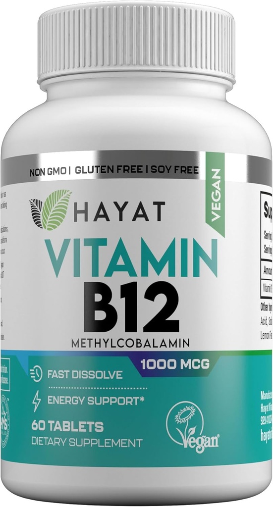 HAYAT Vitaminen Vegan Natuurlijk Vitamine B12 1000 MCG, Dieetsupplement voor Energie Metabolisme Ondersteuning, 2 maanden Supply, Alle natuurlijke, gecertificeerde Halal, 60 tabletten, Made in The USA