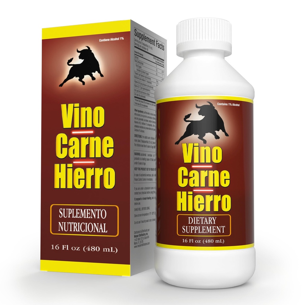 Menper Vino Carne Hierro Iron Supplement | Liquid Supplements with Iron & Vitamin Supplement Blend for Energy Support, Red Blood Cell Function, Oxygen Transport & Vitality | 16 Fl Oz