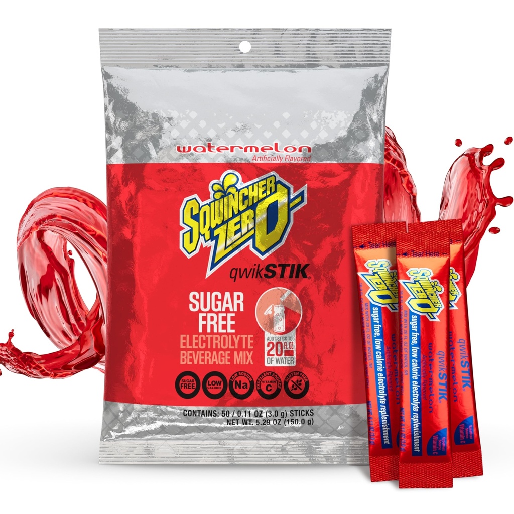 Sqwincher Zero Qwik Stik, Watermelon, Sugar Free, Low Calorie, Low Sodium Electrolyte Powder Hydration Drink Mix, .11 0z Packet (Pack of 50)