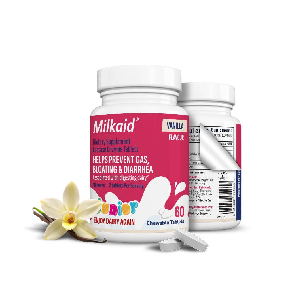 Melkaid Junior Lactase Enzyme Kauwtabletten voor Lactose Onverdraagzaamheid Voorkomt gas, opgeblazenheid, diarree bij kinderen