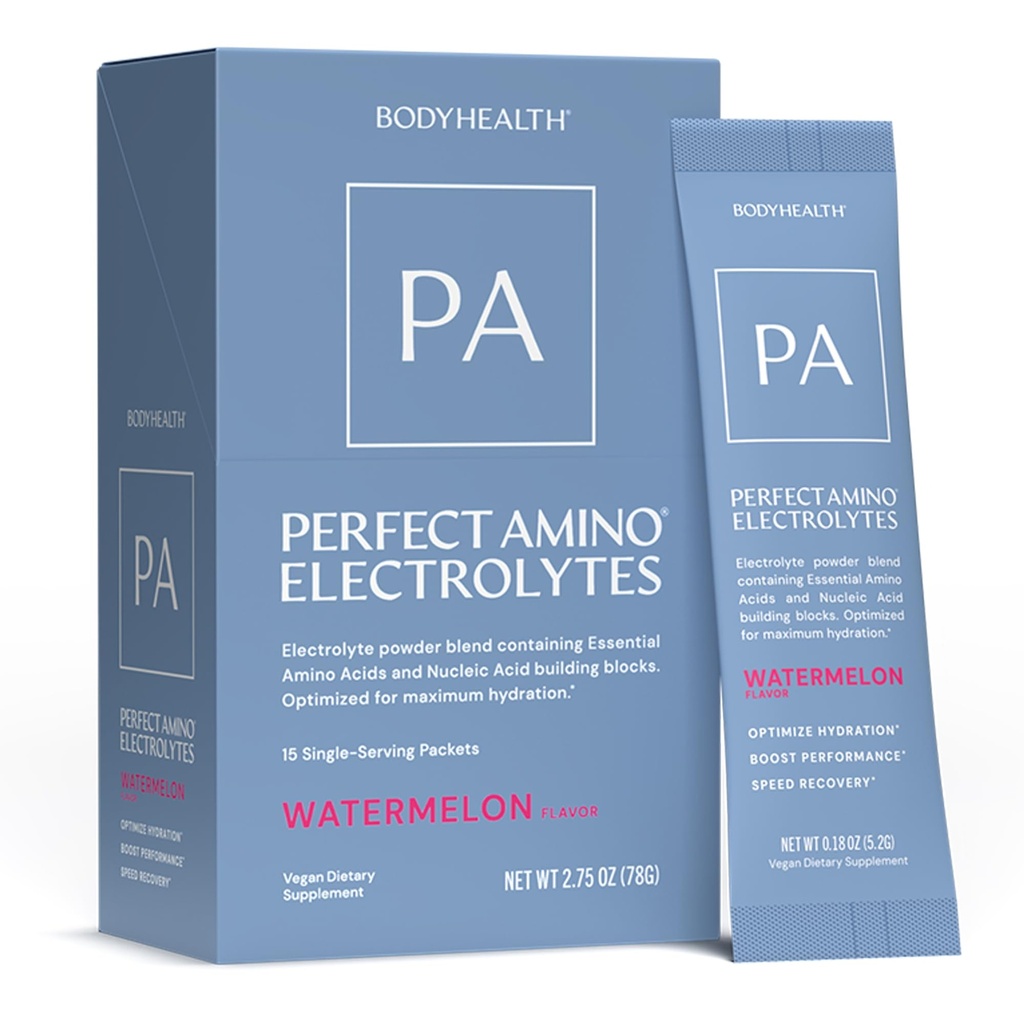 BodyHealth PerfectAmino Electrolyte Drink Mix – Watermelon – No Sugar, Keto & Fasting Friendly, Hydration with Trace Minerals – Stick Packs