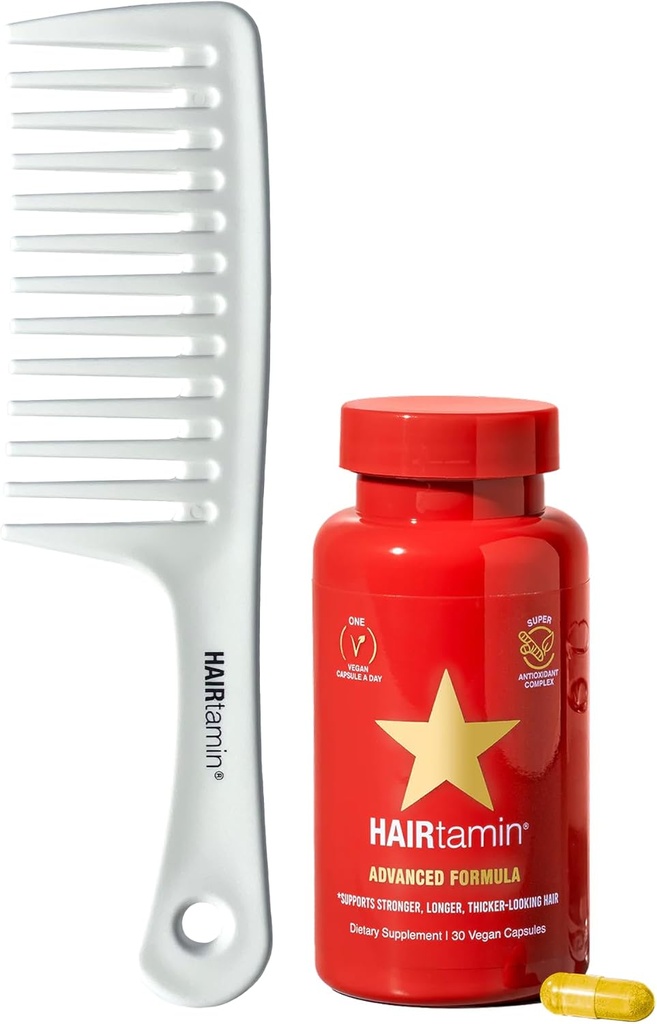 Hairtamin Advanced Vegan Biotin Supplement Pack | Hair, Skin & Nail Vitamins with Gentle Detangling Comb to Promote Growth & Thickness