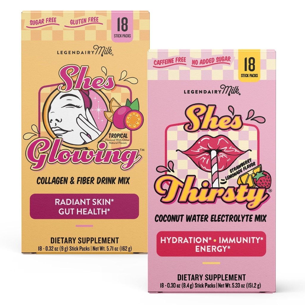 Legendairy Milk She’s Thirsty & She’s Glowing Duo – Coconut Water Electrolytes + Collagen Prebiotic Fiber Powder, Hydration & Skin Support, 36 Stick Packs