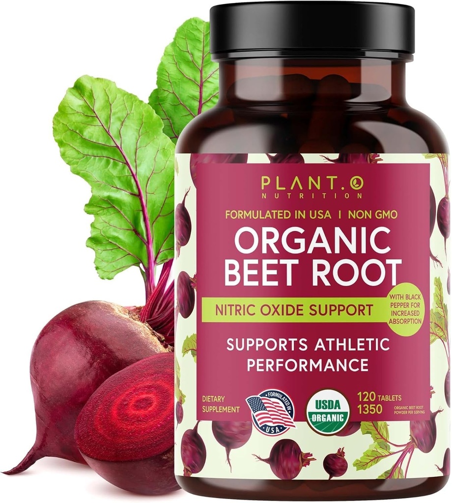 USDA Plant.O Premium Biologische Beetwortel Tablets [1350mg Beetwortelpoeder] met zwarte peper voor extra absorptie - Nitric Oxide Supplement