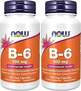 NOW Supplementen, vitamine B-6 (Pyridoxine HCl) 100 mg, cardiovasculaire gezondheid*, 100 Veg Capsules (verpakking van 2)