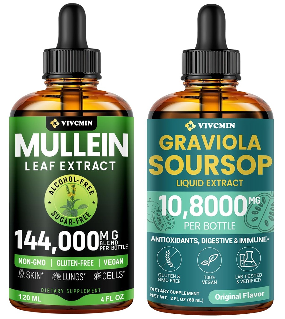 vivcmin Natural Wellness Duo: Graviola Soursop Leaf Liquid Mullein Drops | Herbal Supplement Bundle for Daily Wellness Routine | Non-GMO, Sugar & Gluten Free