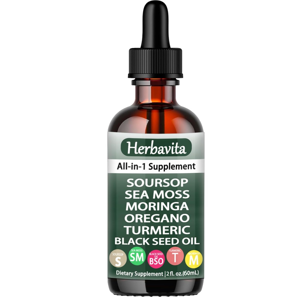 Soursop Liquid Drops 10 in 1 with Sea Moss, Moringa, Turmeric, Black Seed Oil – Vegan, Non-GMO Immune & Energy Support – 2 fl oz
