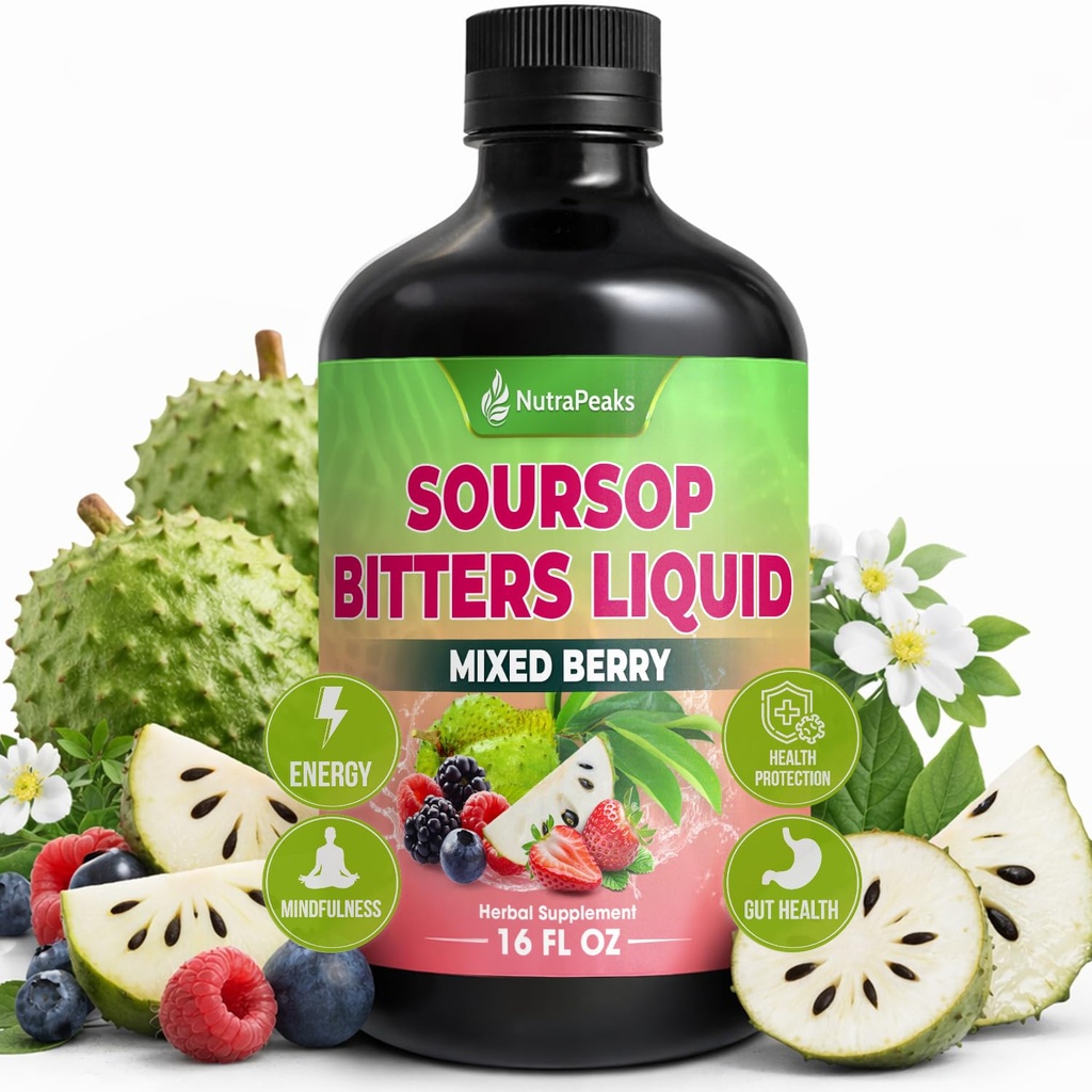Soursop Bitters Liquid – Herbal Detox Formula with Soursop, Ginger, Turmeric & Black Seed Mixed Berry Flavor – Supports Digestive Balance & Immune Wellness – 16 fl oz